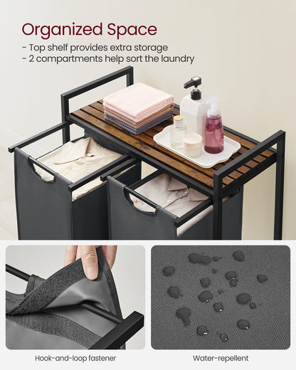 Laundry Hamper, Laundry Basket, Laundry Sorter with 2 Pull-Out and Removable Bags, Shelf, Metal Frame, 2 x 12.1 Gallons