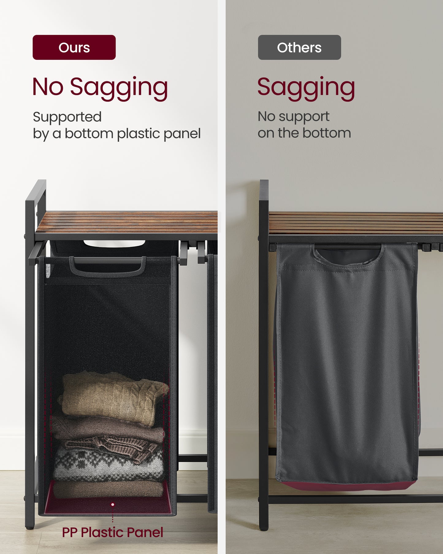 Laundry Hamper, Laundry Basket, Laundry Sorter with 2 Pull-Out and Removable Bags, Shelf, Metal Frame, 2 x 12.1 Gallons