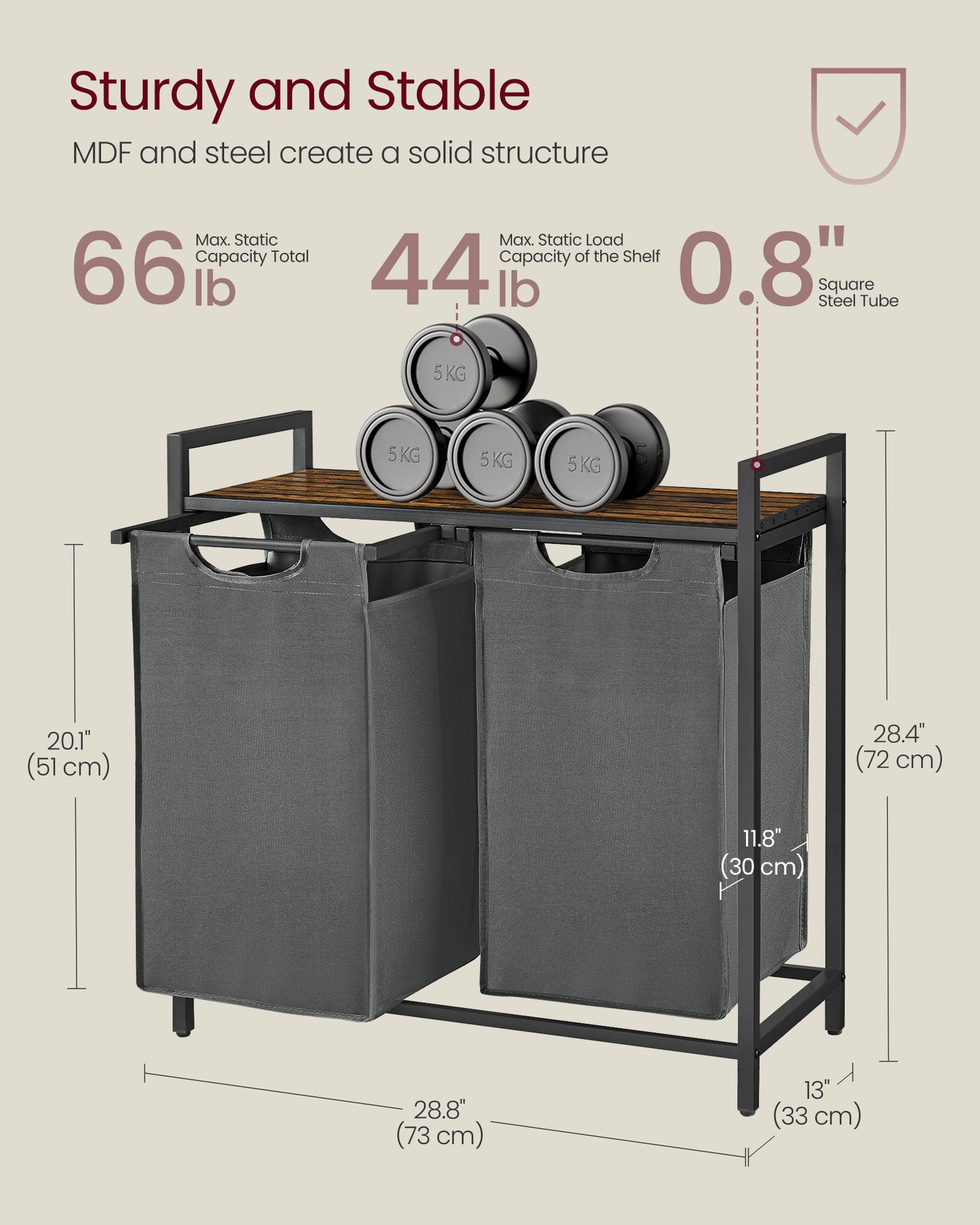 Laundry Hamper, Laundry Basket, Laundry Sorter with 2 Pull-Out and Removable Bags, Shelf, Metal Frame, 2 x 12.1 Gallons