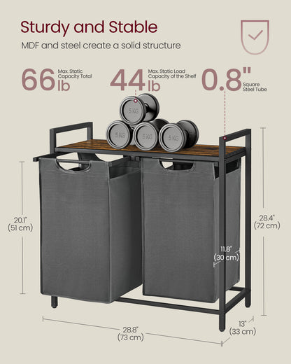 Laundry Hamper, Laundry Basket, Laundry Sorter with 2 Pull-Out and Removable Bags, Shelf, Metal Frame, 2 x 12.1 Gallons