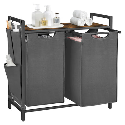 VASAGLE Laundry Hamper, Laundry Basket, Laundry Sorter with 2 Pull-Out and Removable Bags, Shelf, Metal Frame, 2 x 12.1 Gallons (46L), 28.7 x 13 x 28.3 Inches, Lead Grey and Rustic Brown