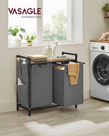 VASAGLE Laundry Hamper, Laundry Basket, Laundry Sorter with 2 Pull-Out and Removable Bags, Shelf, Metal Frame, 2 x 12.1 Gallons (46L), 28.7 x 13 x 28.3 Inches, Lead Grey and Rustic Brown