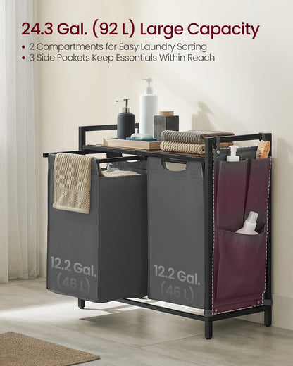 VASAGLE Laundry Hamper, Laundry Basket, Laundry Sorter with 2 Pull-Out and Removable Bags, Shelf, Metal Frame, 2 x 12.1 Gallons (46L), 28.7 x 13 x 28.3 Inches, Lead Grey and Rustic Brown