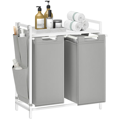 VASAGLE Laundry Hamper, Laundry Basket, Laundry Sorter with 2 Pull-Out and Removable Bags, Shelf, Metal Frame, 2 x 12.1 Gallons (46L), 28.7 x 13 x 28.3 Inches, Grey and White
