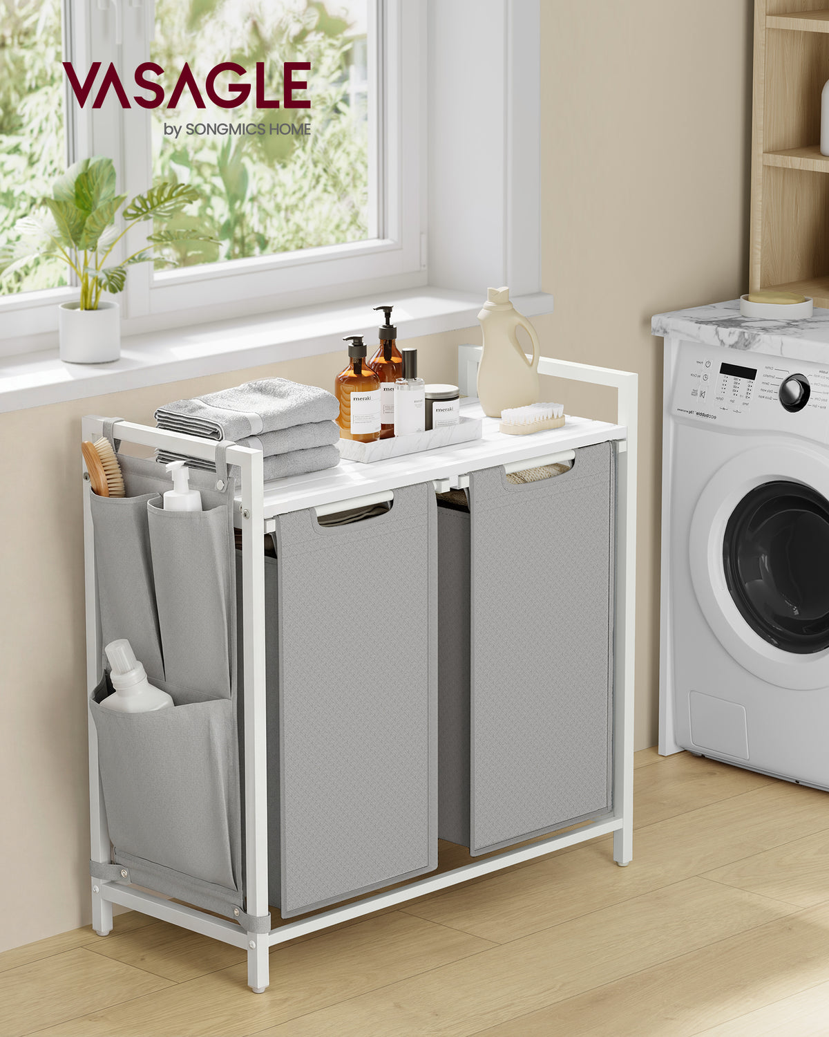 VASAGLE Laundry Hamper, Laundry Basket, Laundry Sorter with 2 Pull-Out and Removable Bags, Shelf, Metal Frame, 2 x 12.1 Gallons (46L), 28.7 x 13 x 28.3 Inches, Grey and White