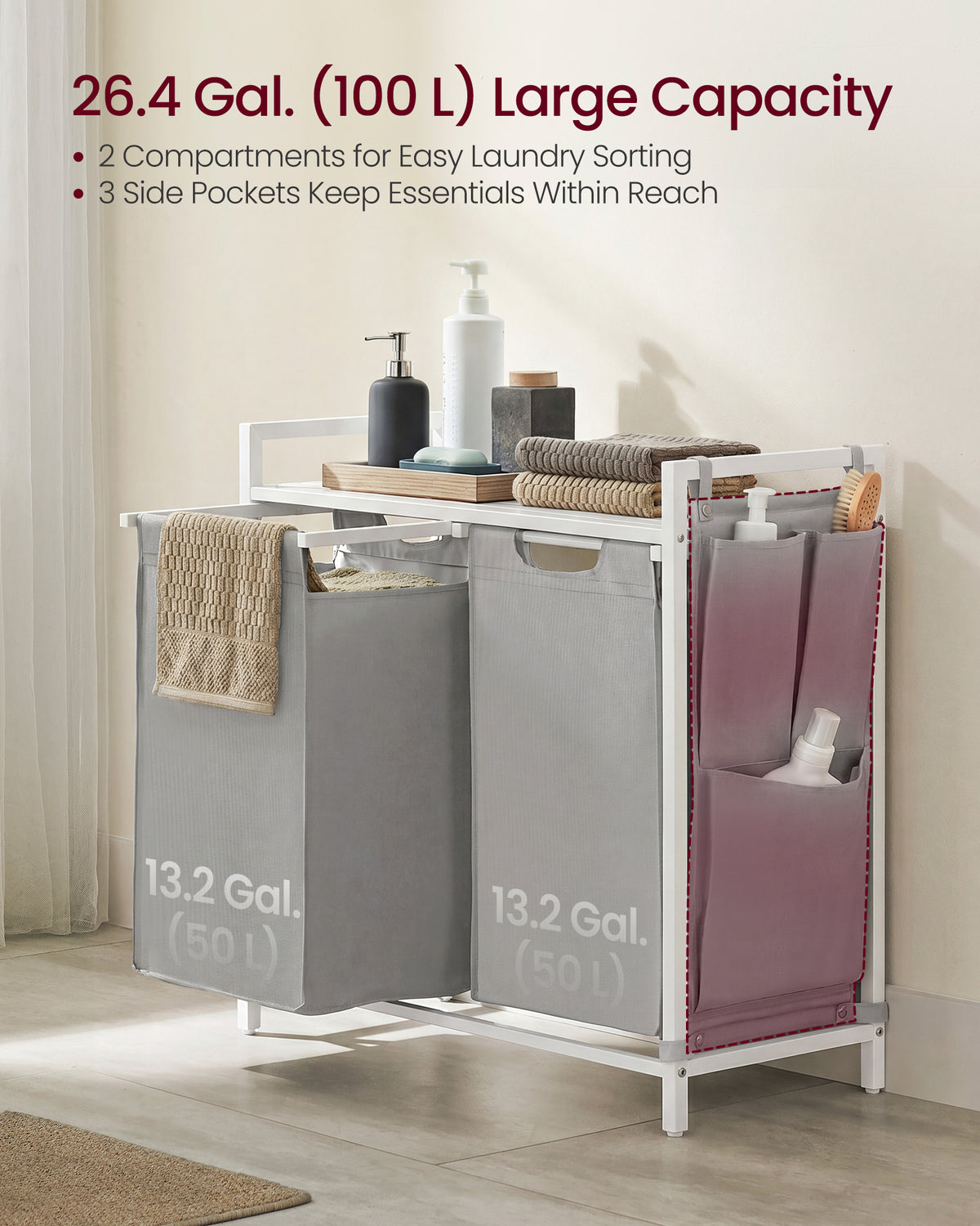 VASAGLE Laundry Hamper, Laundry Basket, Laundry Sorter with 2 Pull-Out and Removable Bags, Shelf, Metal Frame, 2 x 12.1 Gallons (46L), 28.7 x 13 x 28.3 Inches, Grey and White