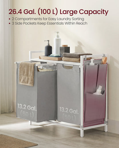 VASAGLE Laundry Hamper, Laundry Basket, Laundry Sorter with 2 Pull-Out and Removable Bags, Shelf, Metal Frame, 2 x 12.1 Gallons (46L), 28.7 x 13 x 28.3 Inches, Grey and White
