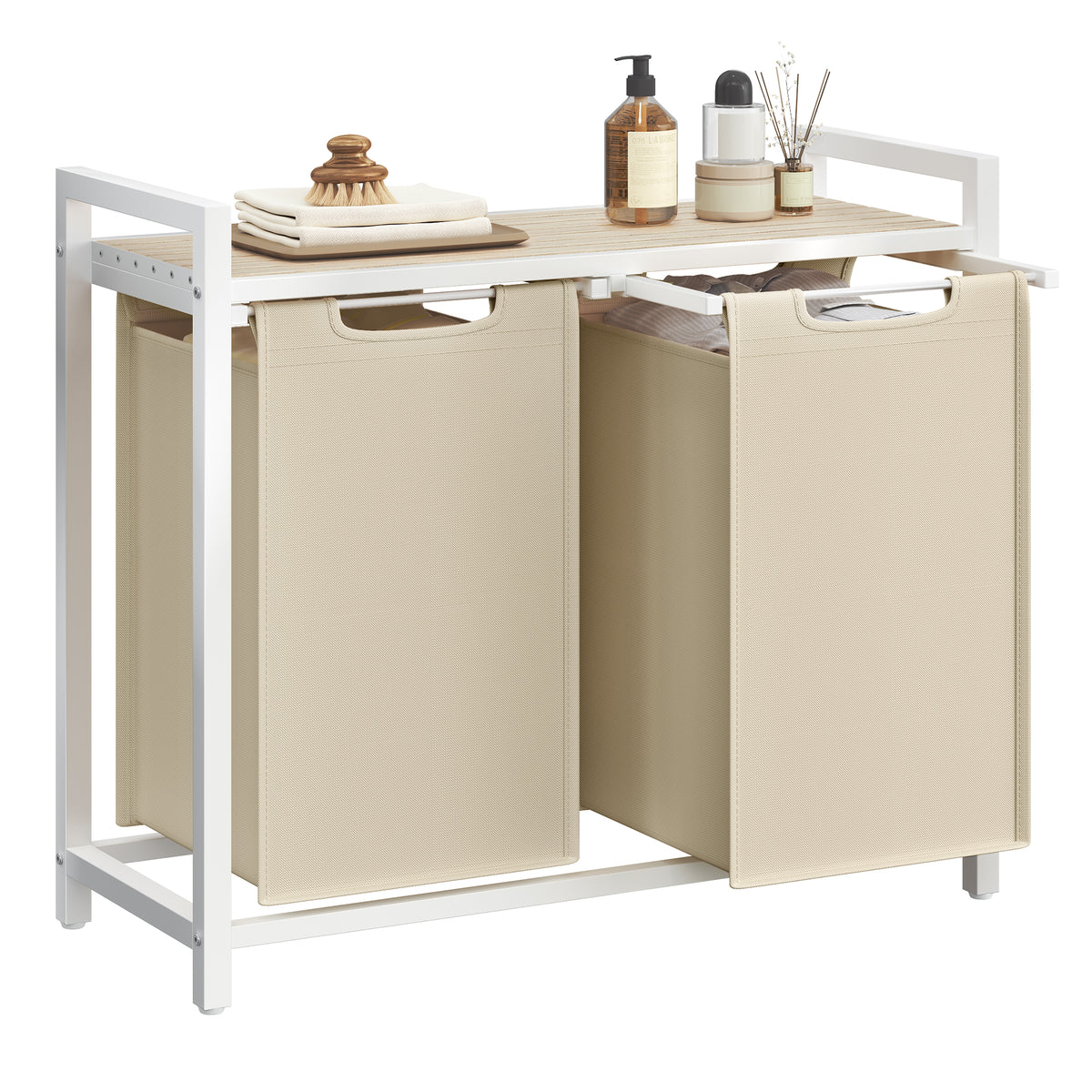 VASAGLE Laundry Hamper, Laundry Basket Sorter with 2 Pull-Out and Removable Bags, Shelf, Metal Frame, 2 x 12.1 Gallons (46 L), 28.8 x 13 x 28.4 Inches, Cappuccino Beige and Natural Beige