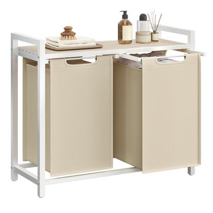 VASAGLE Laundry Hamper, Laundry Basket Sorter with 2 Pull-Out and Removable Bags, Shelf, Metal Frame, 2 x 12.1 Gallons (46 L), 28.8 x 13 x 28.4 Inches, Cappuccino Beige and Natural Beige