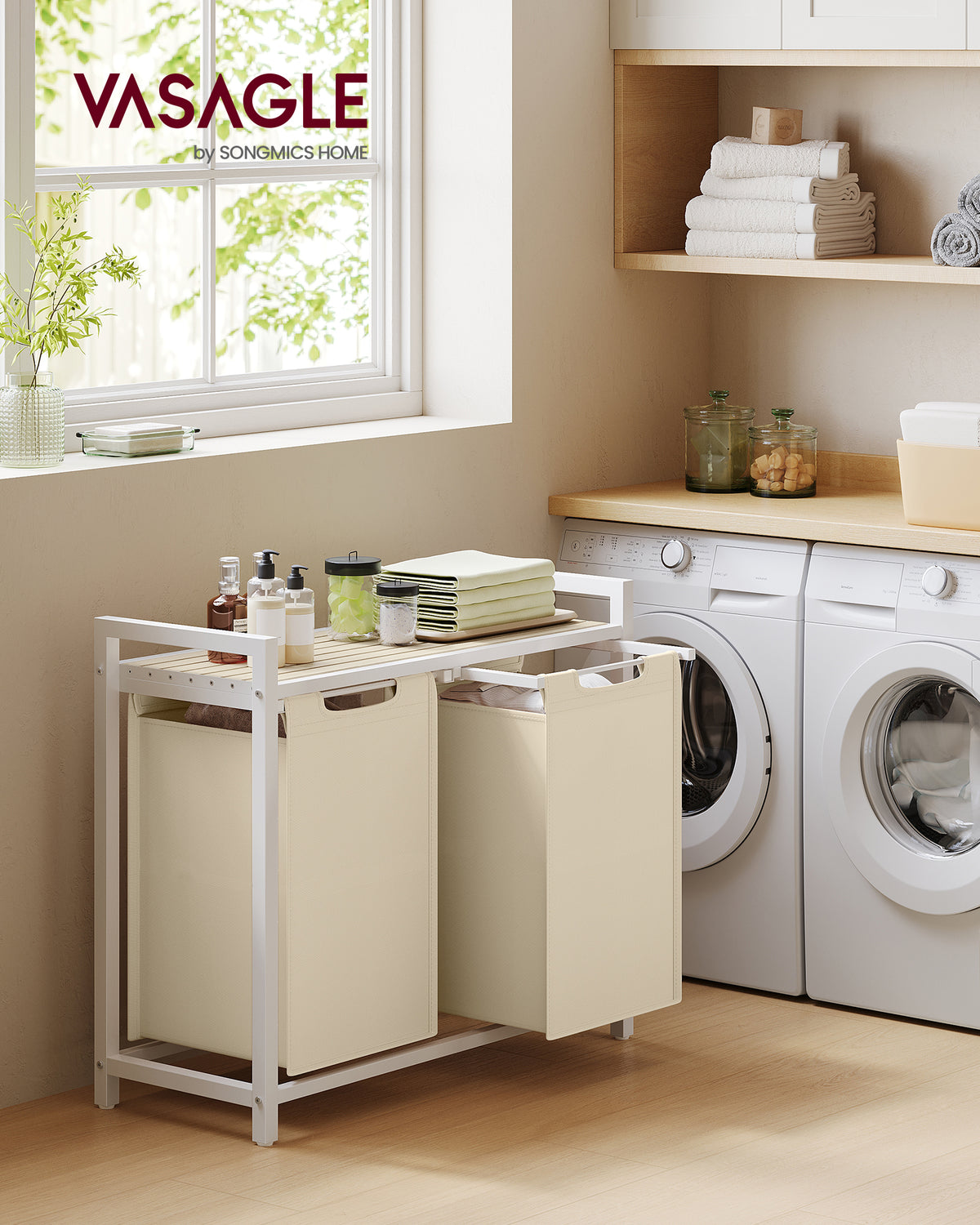 VASAGLE Laundry Hamper, Laundry Basket Sorter with 2 Pull-Out and Removable Bags, Shelf, Metal Frame, 2 x 12.1 Gallons (46 L), 28.8 x 13 x 28.4 Inches, Cappuccino Beige and Natural Beige