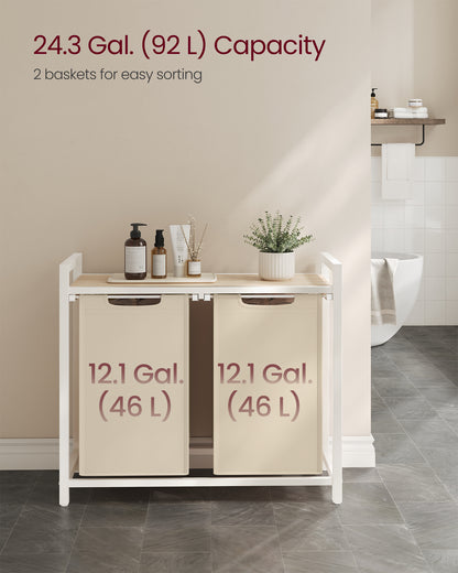 VASAGLE Laundry Hamper, Laundry Basket Sorter with 2 Pull-Out and Removable Bags, Shelf, Metal Frame, 2 x 12.1 Gallons (46 L), 28.8 x 13 x 28.4 Inches, Cappuccino Beige and Natural Beige