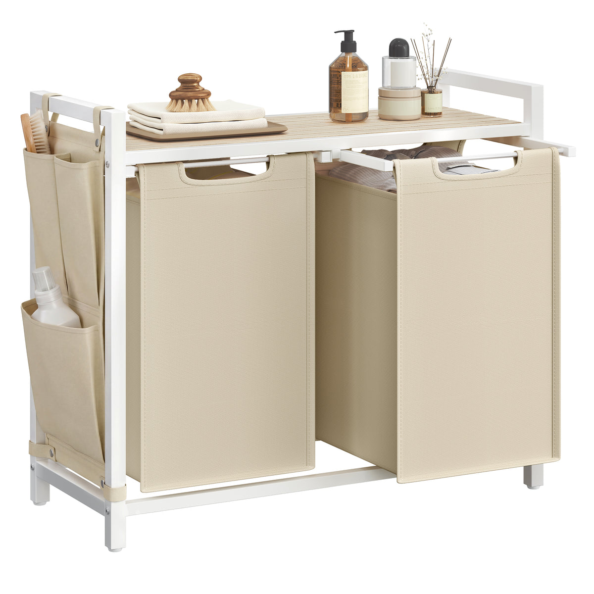 VASAGLE Laundry Hamper, Laundry Basket, Laundry Sorter with 2 Pull-Out and Removable Bags, Shelf, Metal Frame, 2 x 12.1 Gallons (46L), 28.7 x 13 x 28.3 Inches, Light Latte and Light Natural Wood