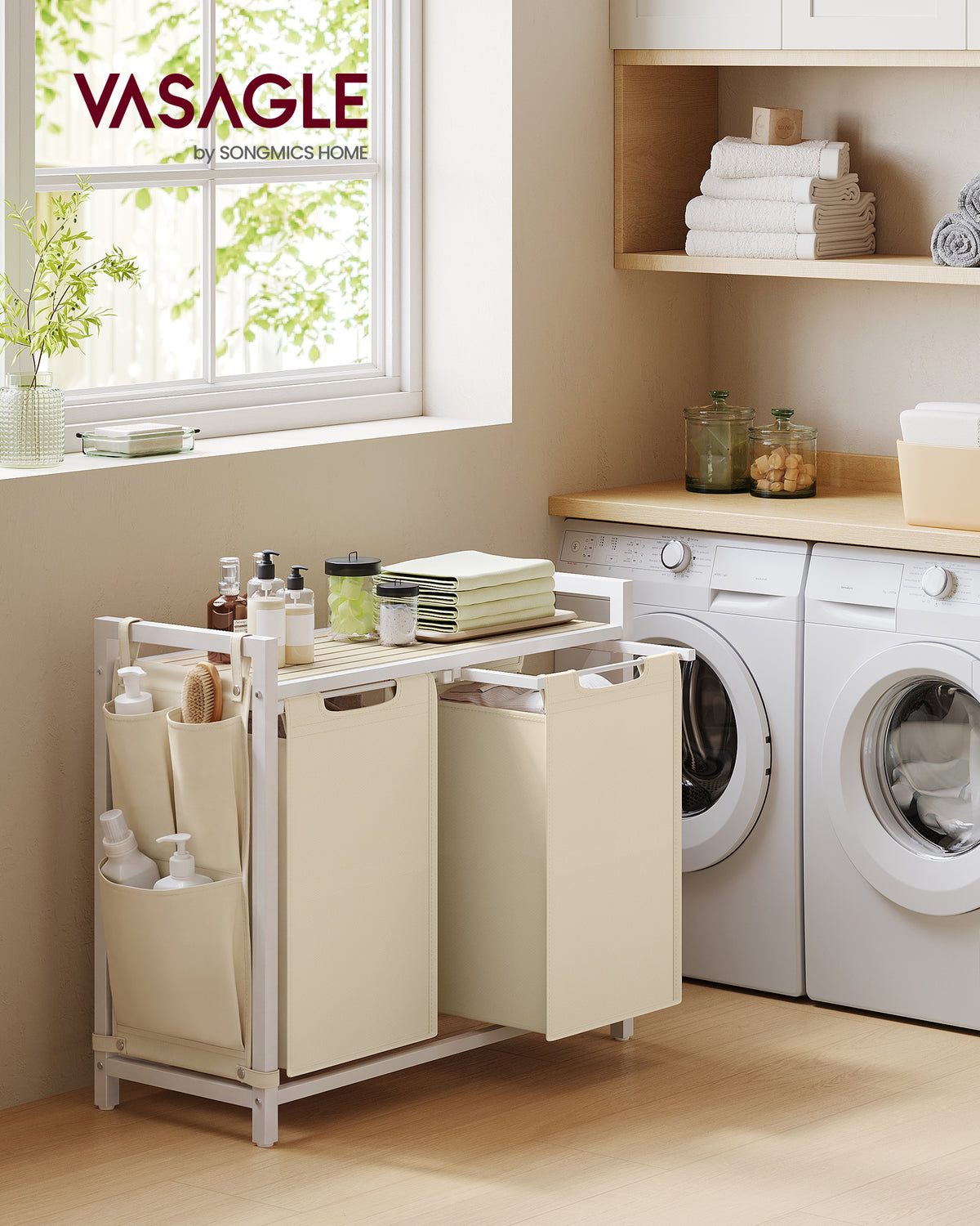 VASAGLE Laundry Hamper, Laundry Basket, Laundry Sorter with 2 Pull-Out and Removable Bags, Shelf, Metal Frame, 2 x 12.1 Gallons (46L), 28.7 x 13 x 28.3 Inches, Light Latte and Light Natural Wood