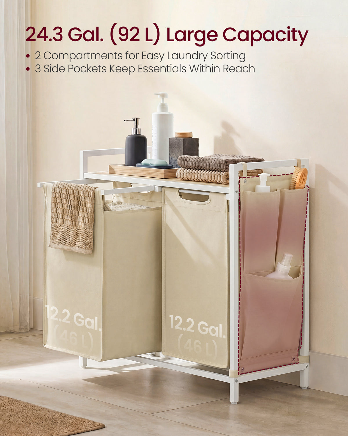 VASAGLE Laundry Hamper, Laundry Basket, Laundry Sorter with 2 Pull-Out and Removable Bags, Shelf, Metal Frame, 2 x 12.1 Gallons (46L), 28.7 x 13 x 28.3 Inches, Light Latte and Light Natural Wood