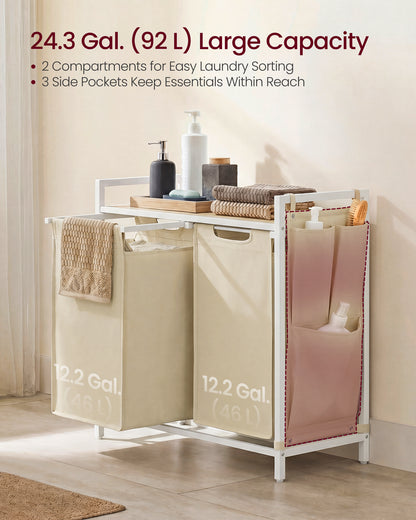 VASAGLE Laundry Hamper, Laundry Basket, Laundry Sorter with 2 Pull-Out and Removable Bags, Shelf, Metal Frame, 2 x 12.1 Gallons (46L), 28.7 x 13 x 28.3 Inches, Light Latte and Light Natural Wood