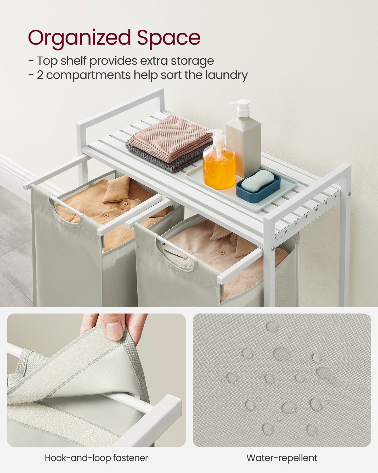 Laundry Hamper, Laundry Basket, Laundry Sorter with 2 Pull-Out and Removable Bags, Shelf, Metal Frame, 2 x 12.1 Gallons