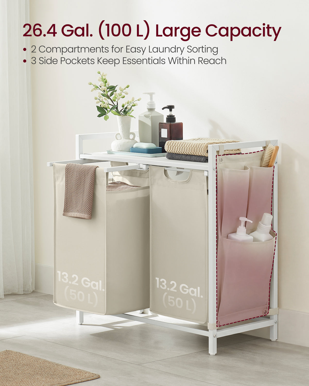 VASAGLE Laundry Hamper, Laundry Basket, Laundry Sorter with 2 Pull-Out and Removable Bags, Shelf, Metal Frame, 2 x 12.1 Gallons (46L), 28.7 x 13 x 28.3 Inches, White