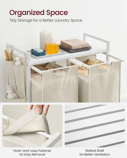 VASAGLE Laundry Hamper, Laundry Basket, Laundry Sorter with 2 Pull-Out and Removable Bags, Shelf, Metal Frame, 2 x 12.1 Gallons (46L), 28.7 x 13 x 28.3 Inches, White