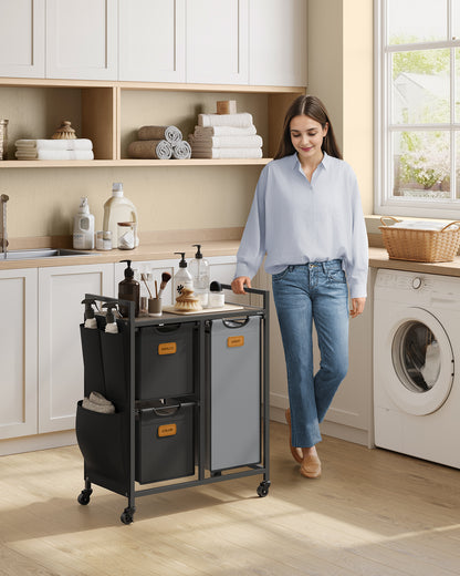 Laundry Hamper with 3 Compartments, 26.4 Gal. (100 L) Laundry Sorter, Rolling Laundry Cart with Shelves, Small Side Pockets, 6 Labels, Chestnut Brown, Ink Black and Dove Gray