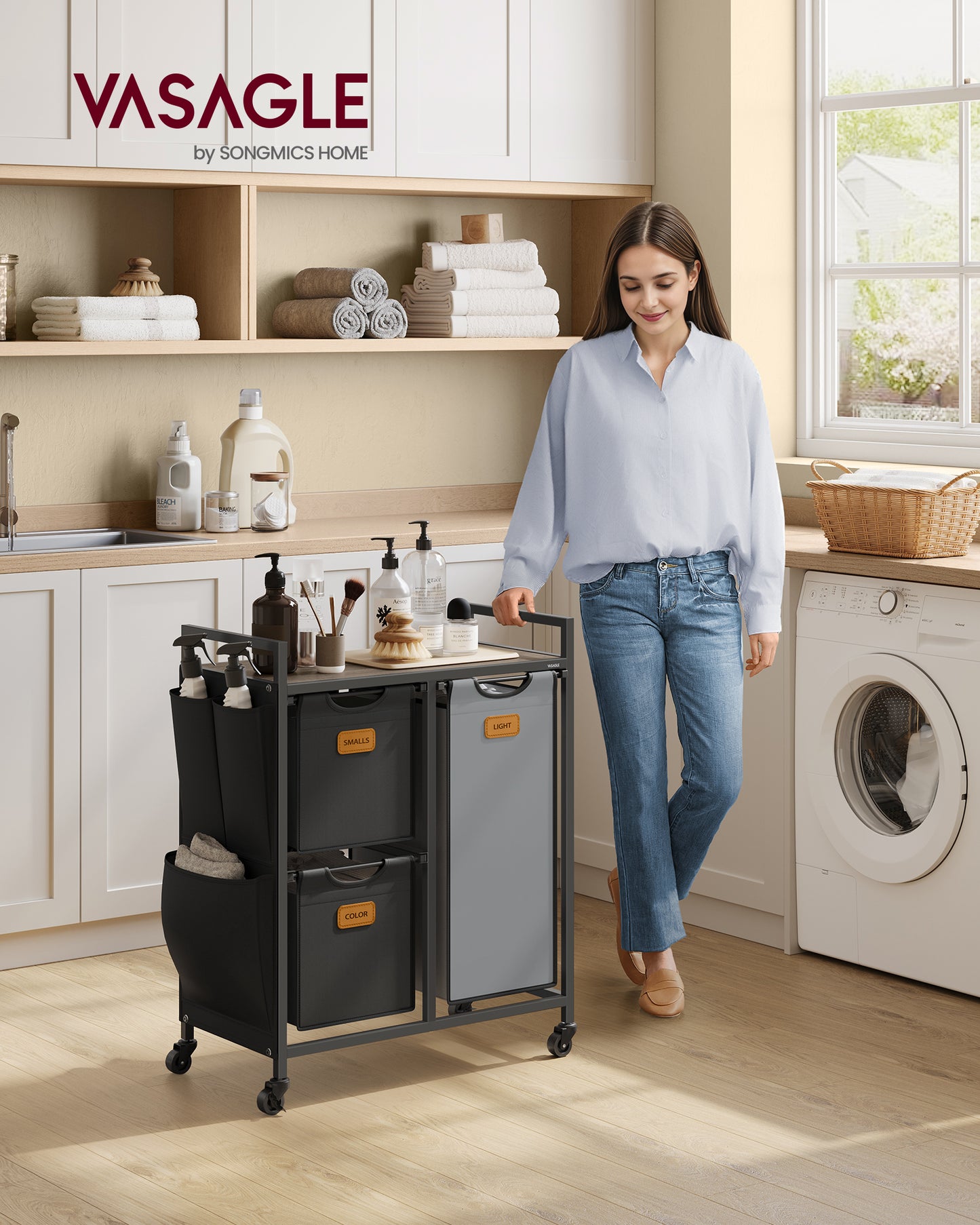 Laundry Hamper with 3 Compartments, 26.4 Gal. Laundry Sorter, Rolling Laundry Cart with Shelves 6 Labels, Chestnut Brown, Ink Black and Dove Gray