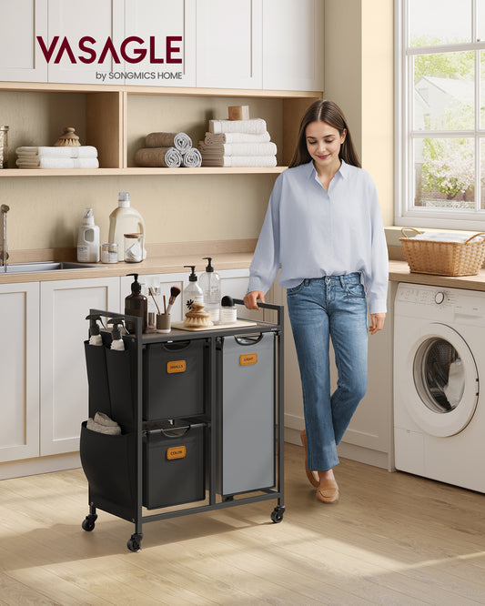 Laundry Hamper with 3 Compartments, 26.4 Gal. Laundry Sorter, Rolling Laundry Cart with Shelves 6 Labels, Chestnut Brown, Ink Black and Dove Gray