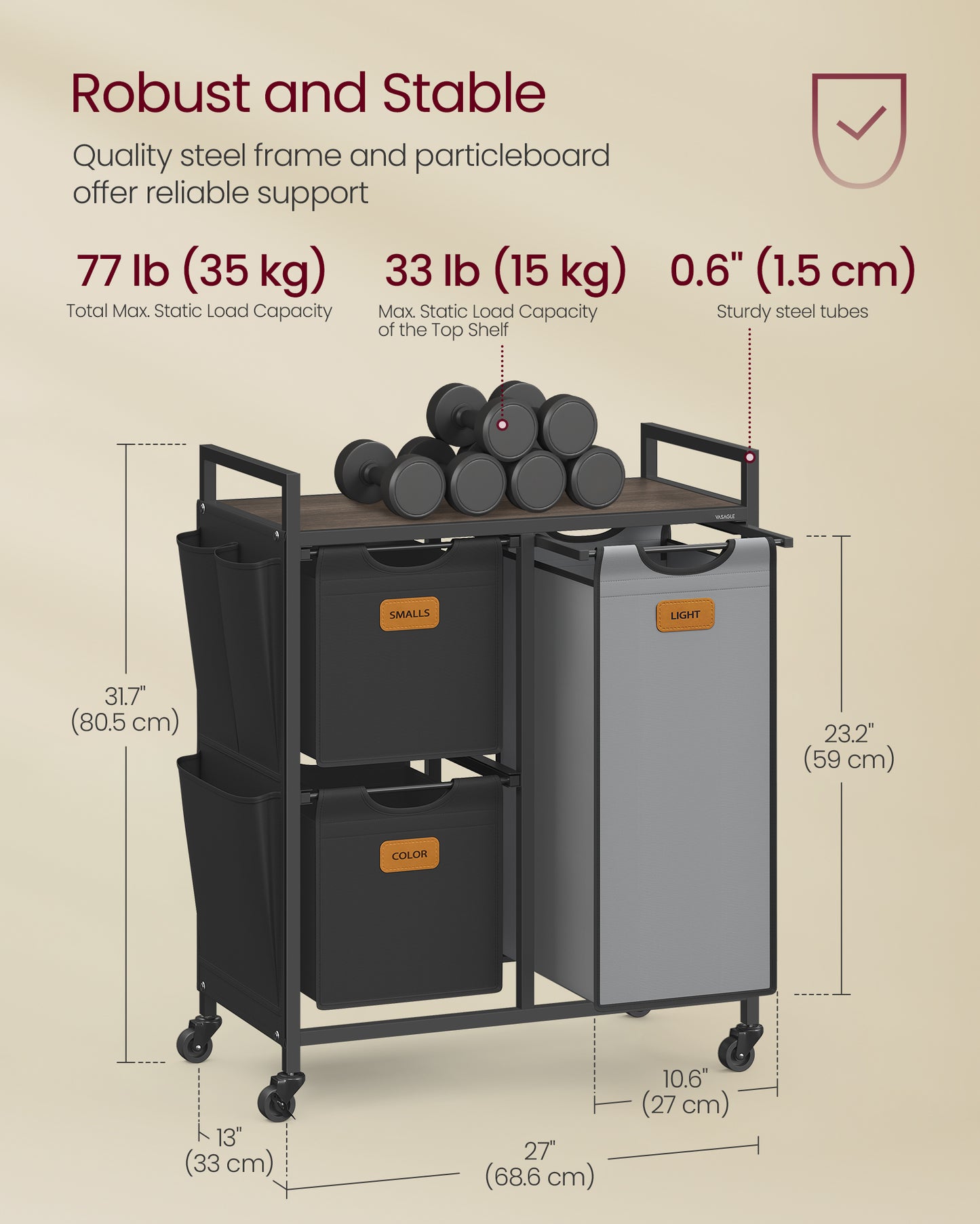 Laundry Hamper with 3 Compartments, 26.4 Gal. (100 L) Laundry Sorter, Rolling Laundry Cart with Shelves, Small Side Pockets, 6 Labels, Chestnut Brown, Ink Black and Dove Gray