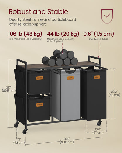 Laundry Hamper with 4 Compartments, 39.6 Gal. (150 L) Laundry Sorter, Rolling Laundry Cart with Shelves, Small Side Pockets, 6 Labels, Chestnut Brown, Ink Black and Dove Gray