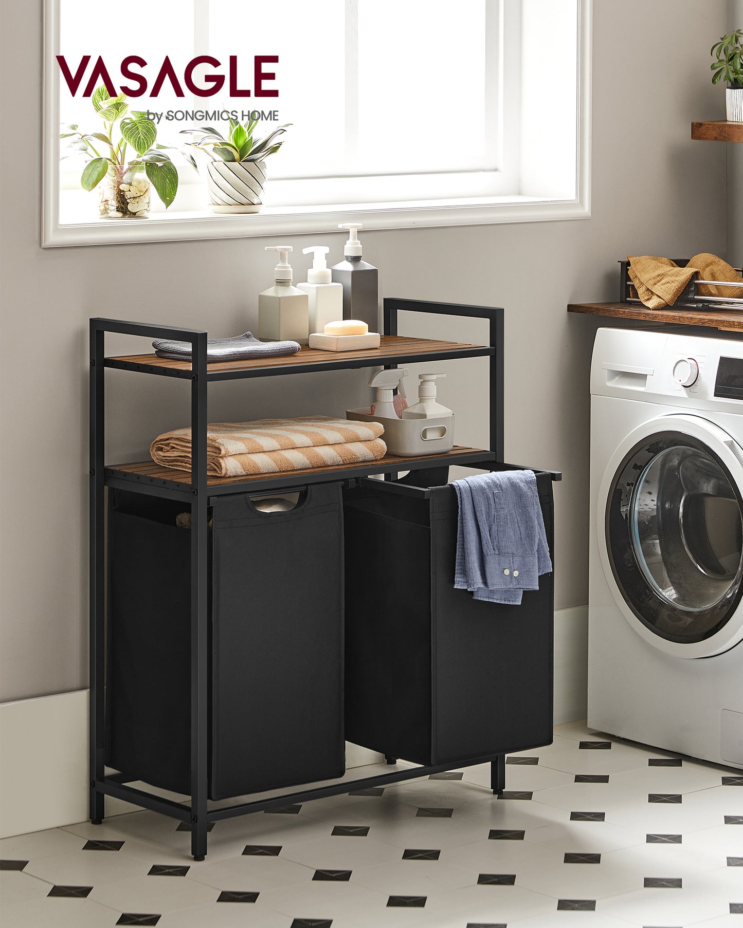 VASAGLE Laundry Hamper Laundry Basket Laundry Sorter with 2 Pull-Out and Removable Bags 2 Shelves Rustic Brown and Black