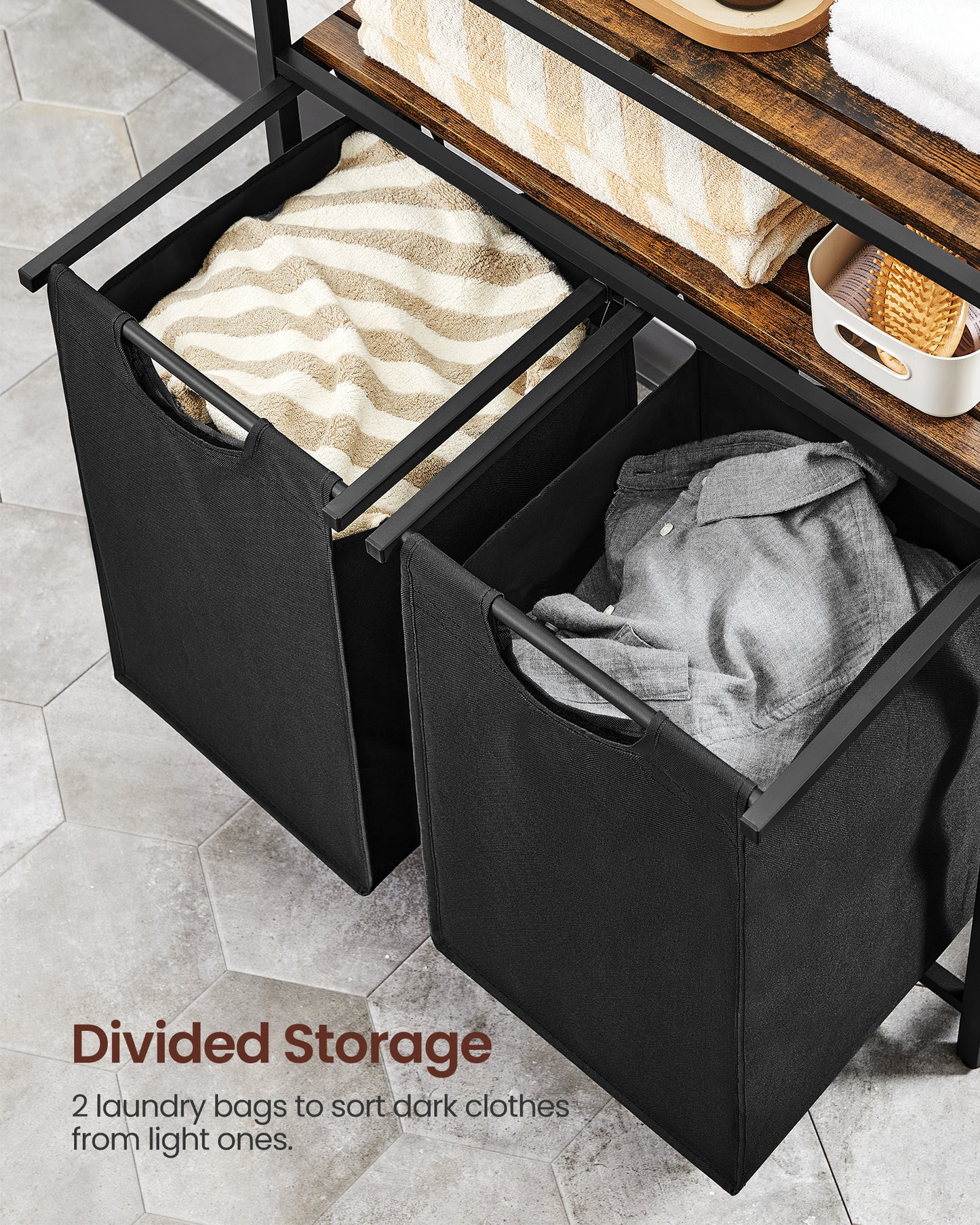 Laundry Hamper, Laundry Basket, Laundry Sorter with 2 Pull-Out and Removable Bags, 2 Shelves, 12.1 Gal (46L) Capacity per Bag, for Laundry Room, Rustic Brown and Black