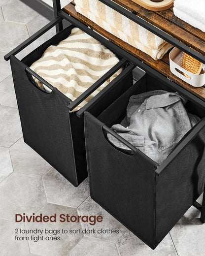 Laundry Hamper, Laundry Basket, Laundry Sorter with 2 Pull-Out and Removable Bags, 2 Shelves, 12.1 Gal (46L) Capacity per Bag, for Laundry Room, Rustic Brown and Black
