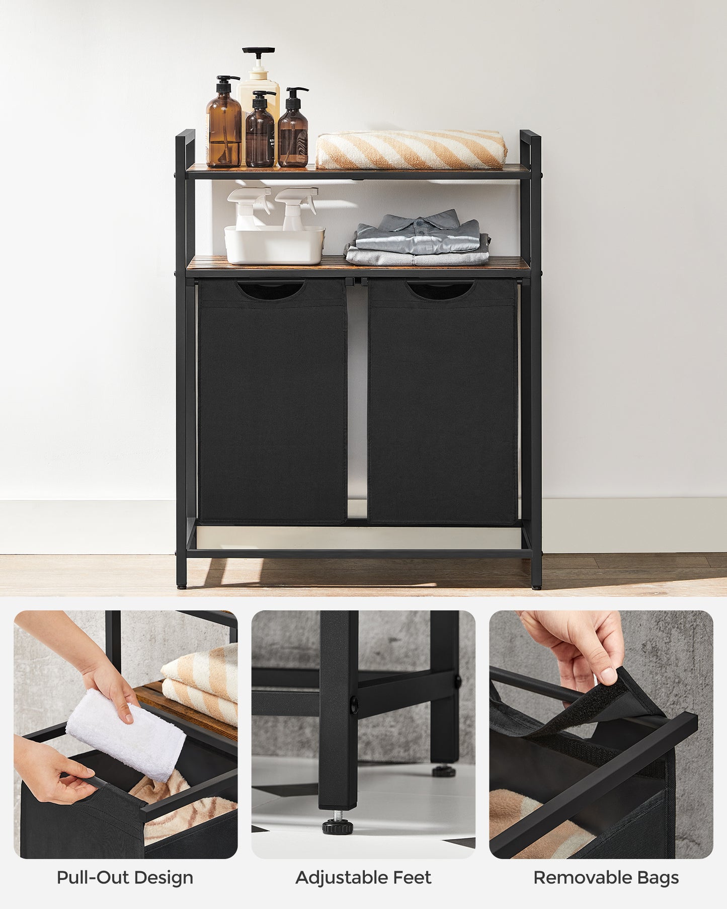 VASAGLE Laundry Hamper Laundry Basket Laundry Sorter with 2 Pull-Out and Removable Bags 2 Shelves Rustic Brown and Black