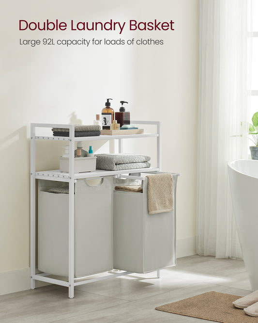 Laundry Hamper, Laundry Basket, Laundry Sorter with 2 Pull-Out and Removable Bags, 2 Shelves, 12.1 Gal (46L) Capacity per Bag, for Laundry Room, White