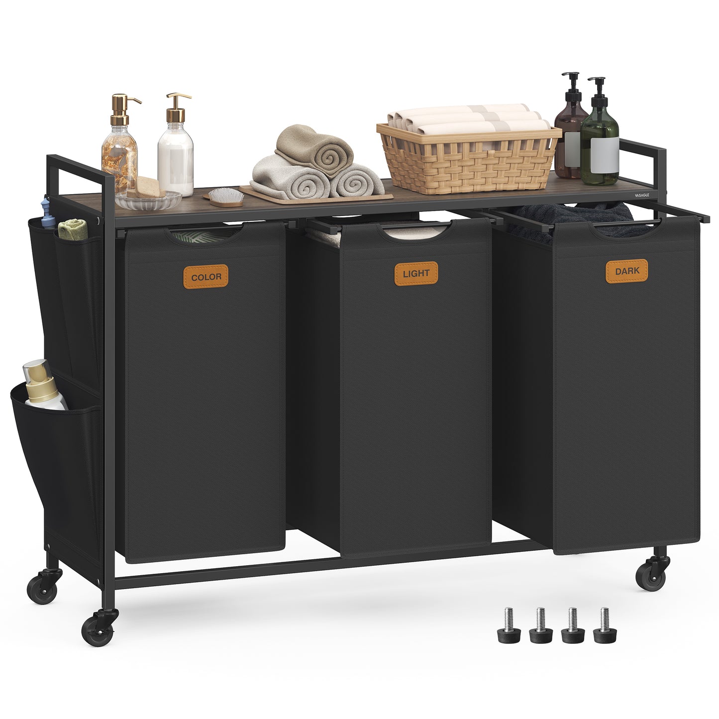 VASAGLE Laundry Hamper, Rolling Cart with Shelves, Small Side Pockets, 6 Labels, 3 Compartments, 39.6 Gal. (150 L), Ink Black and Ash Brown