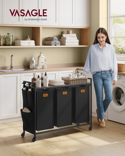 VASAGLE Laundry Hamper, Rolling Cart with Shelves, Small Side Pockets, 6 Labels, 3 Compartments, 39.6 Gal. (150 L), Ink Black and Ash Brown