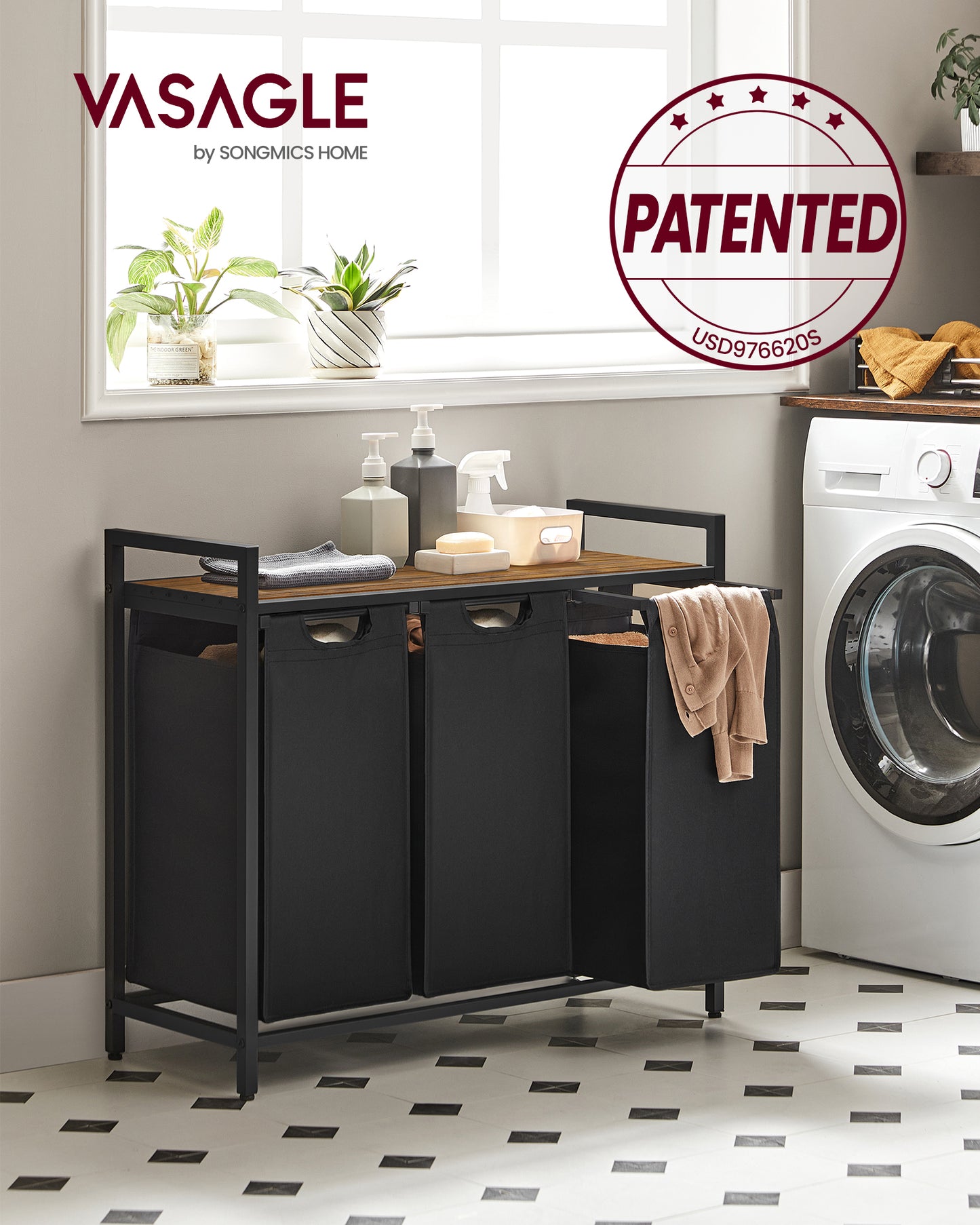 Laundry Sorter Hamper, 3 x 10 Gallons, with 3 Removable Pull-Out Bags, Metal Frame, Shelf, 36.4 x 13 x 28.4 In Laundry Basket Black