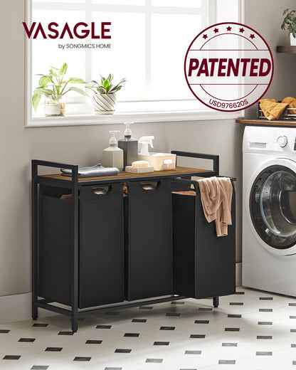 Laundry Sorter Hamper, 3 x 10 Gallons, with 3 Removable Pull-Out Bags, Metal Frame, Shelf, 36.4 x 13 x 28.4 In Laundry Basket Black