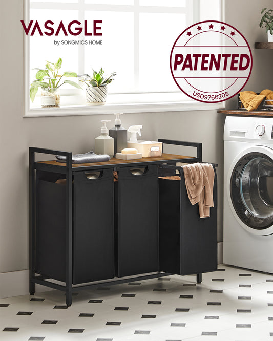 Laundry Sorter Hamper, 3 x 10 Gallons, with 3 Removable Pull-Out Bags, Metal Frame, Shelf, 36.4 x 13 x 28.4 In Laundry Basket Black