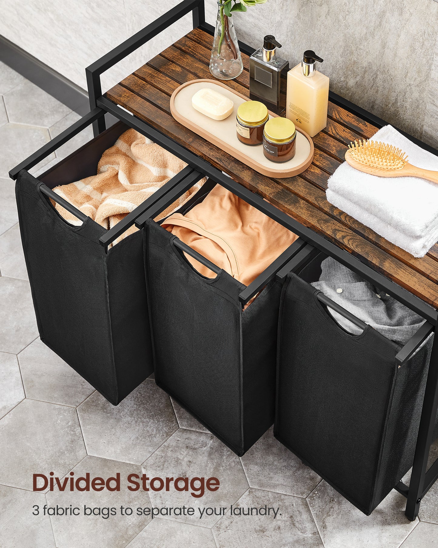 Laundry Sorter Hamper, 3 x 10 Gallons, with 3 Removable Pull-Out Bags, Metal Frame, Shelf, 36.4 x 13 x 28.4 In Laundry Basket Black