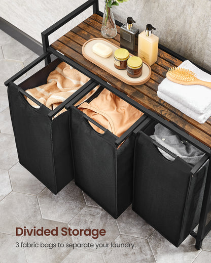 Laundry Sorter Hamper, 3 x 10 Gallons, with 3 Removable Pull-Out Bags, Metal Frame, Shelf, 36.4 x 13 x 28.4 In Laundry Basket Black