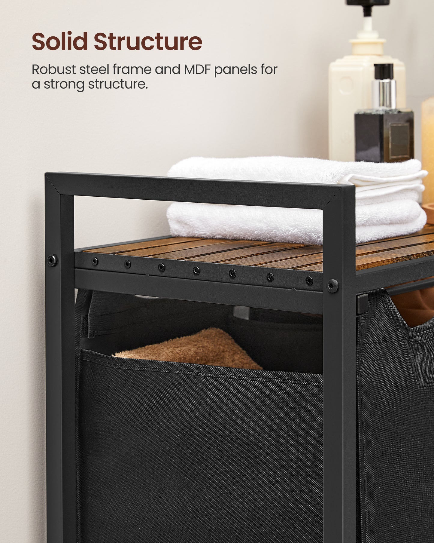 Laundry Sorter Hamper, 3 x 10 Gallons, with 3 Removable Pull-Out Bags, Metal Frame, Shelf, 36.4 x 13 x 28.4 In Laundry Basket Black