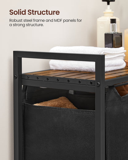 Laundry Sorter Hamper, 3 x 10 Gallons, with 3 Removable Pull-Out Bags, Metal Frame, Shelf, 36.4 x 13 x 28.4 In Laundry Basket Black