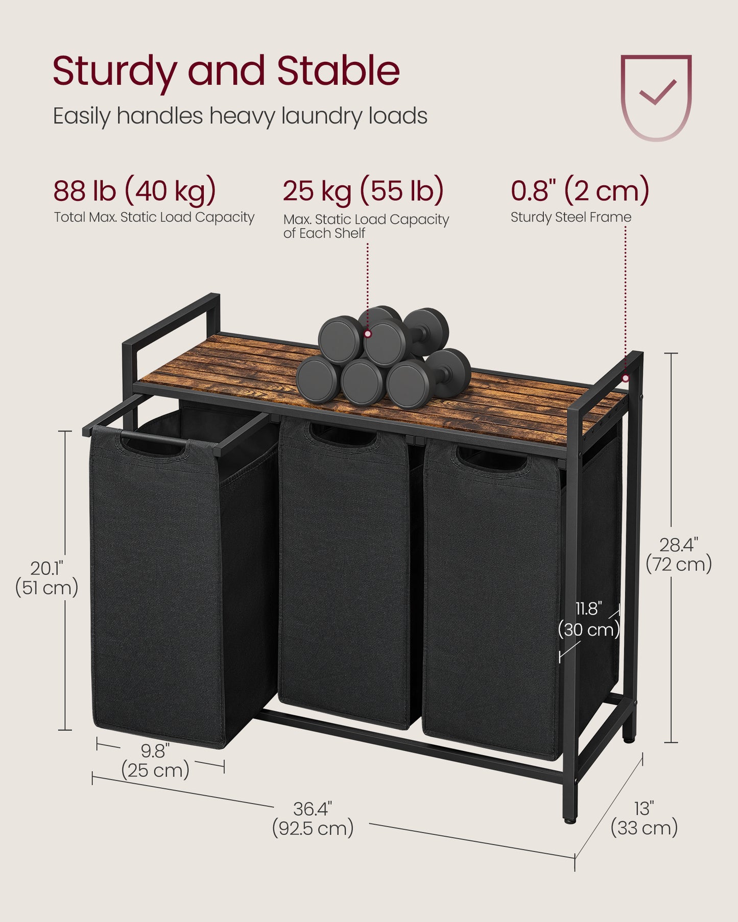 Laundry Sorter Hamper, 3 x 10 Gallons, with 3 Removable Pull-Out Bags, Metal Frame, Shelf, 36.4 x 13 x 28.4 In Laundry Basket Black