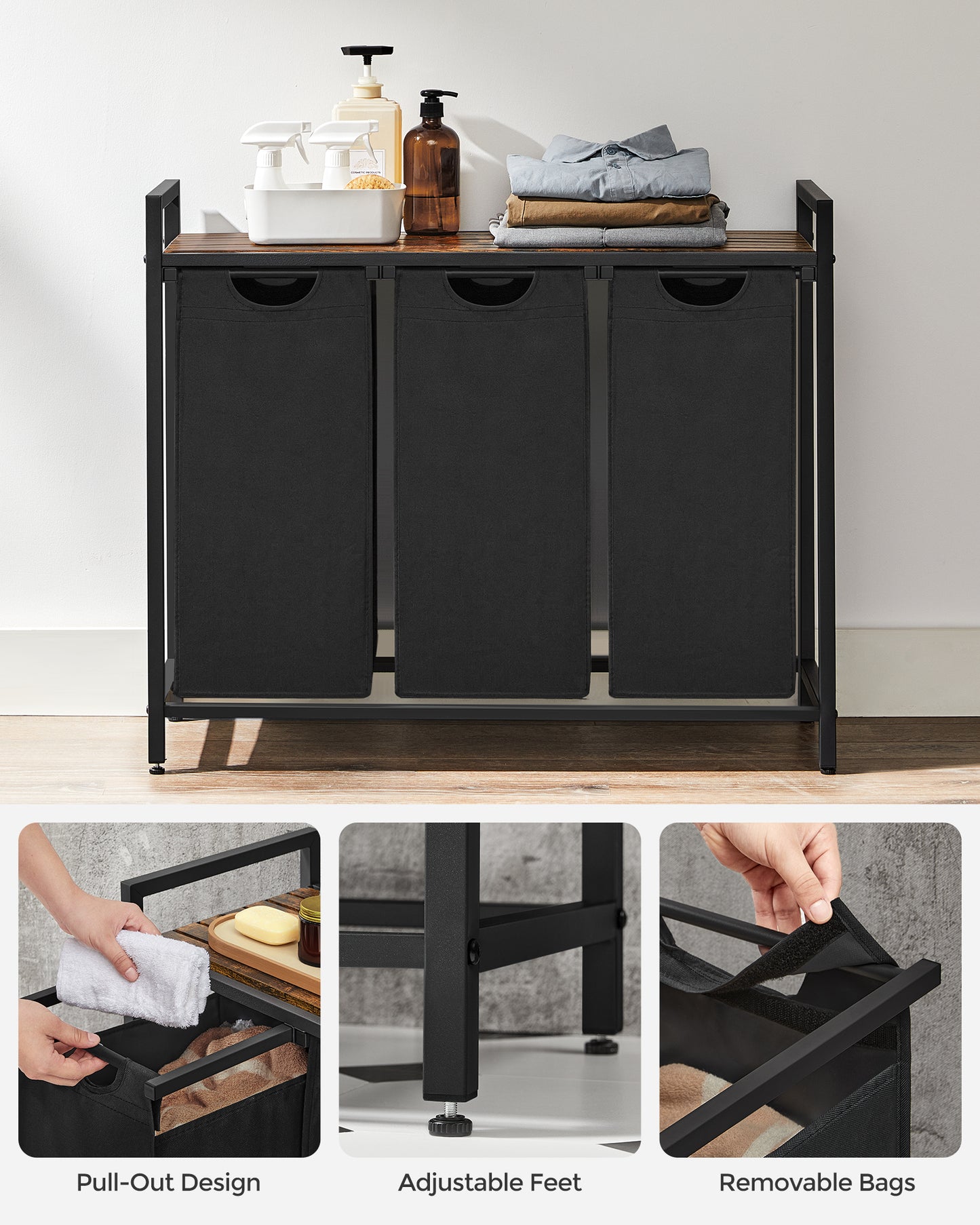 Laundry Sorter Hamper, 3 x 10 Gallons, with 3 Removable Pull-Out Bags, Metal Frame, Shelf, 36.4 x 13 x 28.4 In Laundry Basket Black