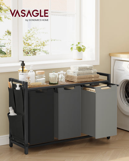 VASAGLE Laundry Hamper, Laundry Basket, Laundry Sorter with 2 Pull-Out and Removable Bags, Shelf, Metal Frame, 2 x 12.1 Gallons (46L), 36.4 x 13 x 28.3 Inches, Ink Black and Rustic Brown