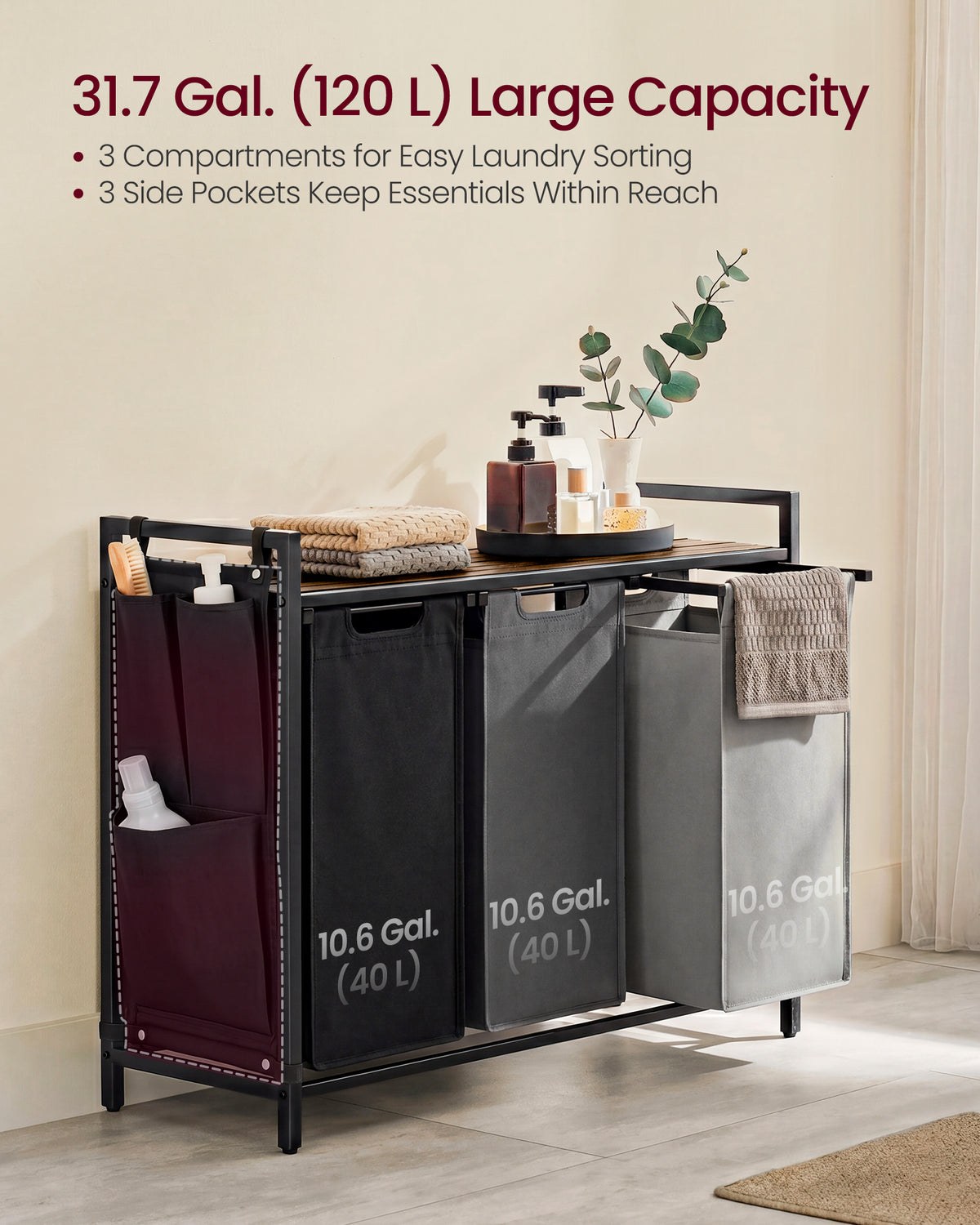 VASAGLE Laundry Hamper, Laundry Basket, Laundry Sorter with 2 Pull-Out and Removable Bags, Shelf, Metal Frame, 2 x 12.1 Gallons (46L), 36.4 x 13 x 28.3 Inches, Ink Black and Rustic Brown