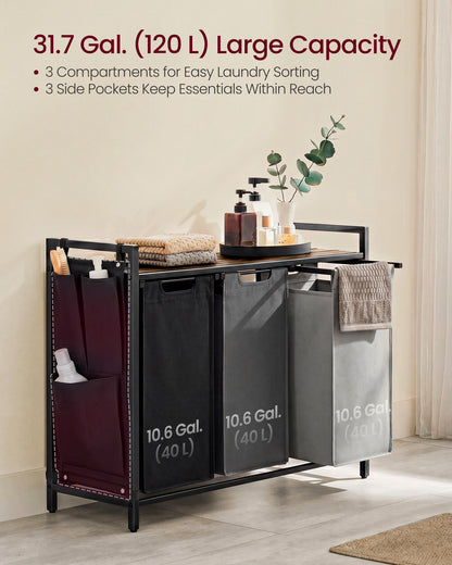 VASAGLE Laundry Hamper, Laundry Basket, Laundry Sorter with 2 Pull-Out and Removable Bags, Shelf, Metal Frame, 2 x 12.1 Gallons (46L), 36.4 x 13 x 28.3 Inches, Ink Black and Rustic Brown