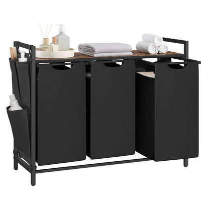 VASAGLE Laundry Hamper, Laundry Basket, Laundry Sorter with 3 Pull-Out and Removable Bags, Shelf, Metal Frame, 3 x 12.1 Gallons (46L), 36.4 x 13 x 28.3 Inches, Ink Black and Rustic Brown