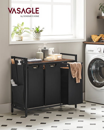 VASAGLE Laundry Hamper, Laundry Basket, Laundry Sorter with 3 Pull-Out and Removable Bags, Shelf, Metal Frame, 3 x 12.1 Gallons (46L), 36.4 x 13 x 28.3 Inches, Ink Black and Rustic Brown
