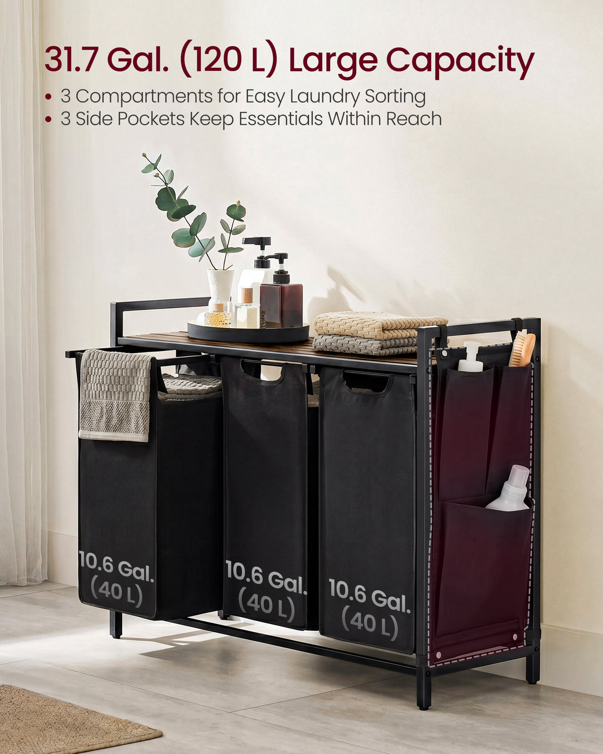 VASAGLE Laundry Hamper, Laundry Basket, Laundry Sorter with 3 Pull-Out and Removable Bags, Shelf, Metal Frame, 3 x 12.1 Gallons (46L), 36.4 x 13 x 28.3 Inches, Ink Black and Rustic Brown