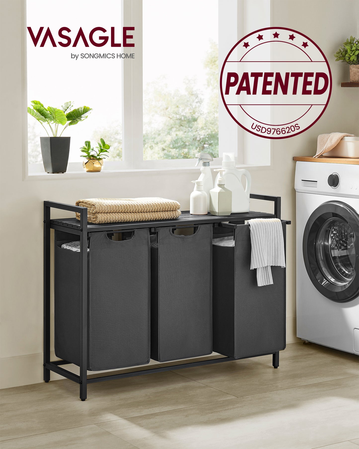 Laundry Hamper with shelf Laundry Sorter with 3 Pull-Out and Removable Bags for Bathroom Laundry Room Black and Gray